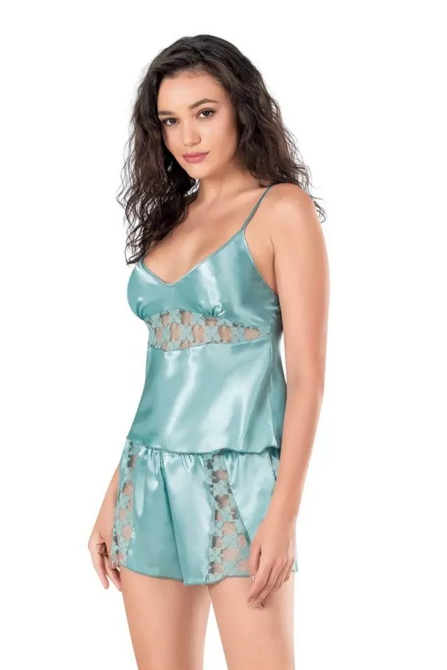 Aqua Saten Dantel Detaylı Kadın İp Askılı Şortlu Pijama Takımı