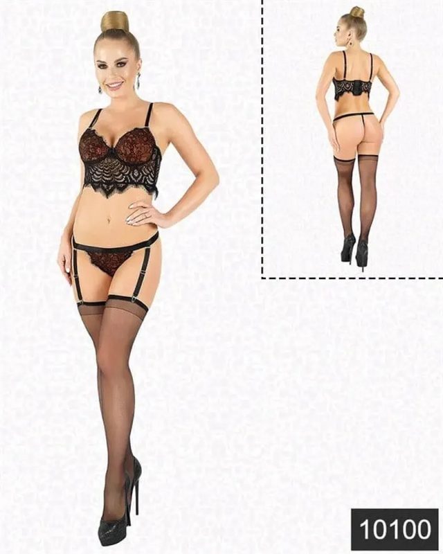 Bakır Siyah Lamine Dantel Ayarlanabilir Askılı Kadın Bralet Jartiyer String Takımı