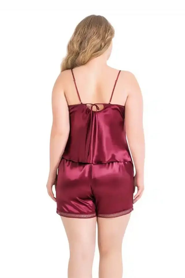Bordo Büyük Beden Saten Dantelli Babydoll Şort Takımı