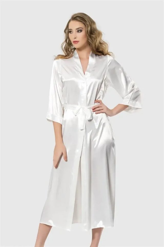 Ekru Saten Kimono Kollu Kuşaklı Kadın Uzun Sabahlık