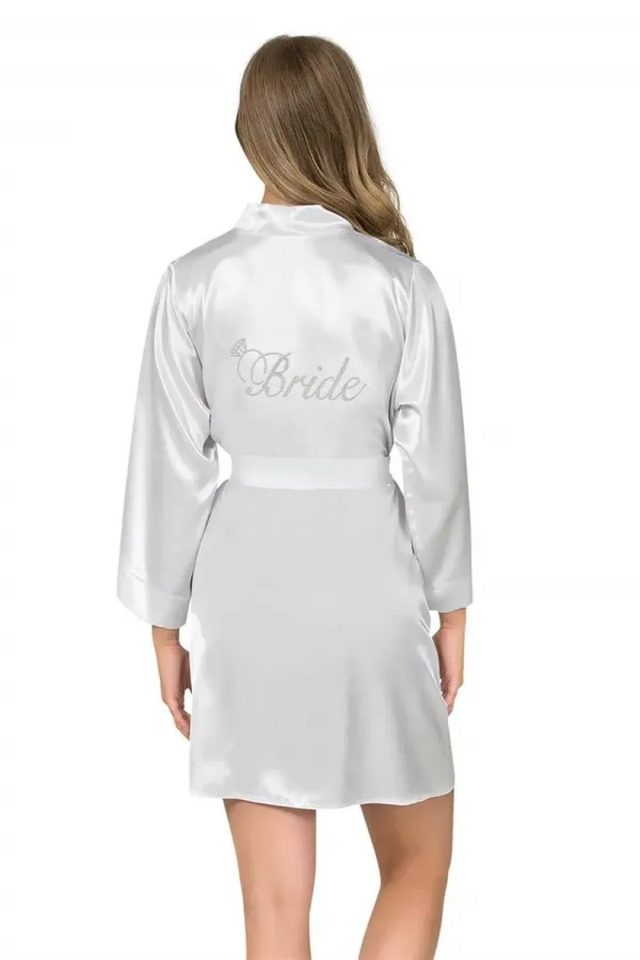 Ekru Saten Taş İşlemeli Bride Yazılı Kadın Kısa Sabahlık