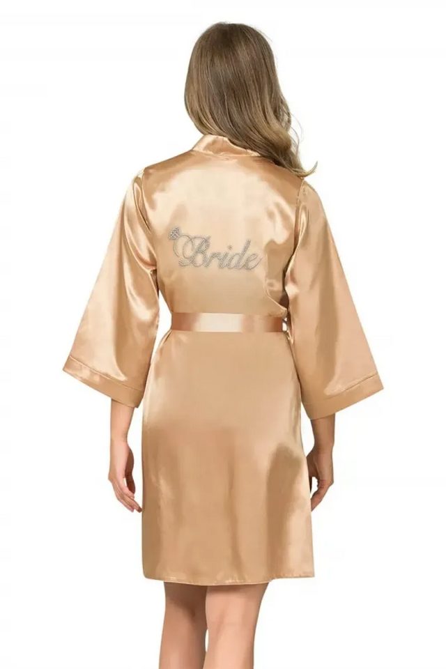 Gold Saten Taş İşlemeli Bride Yazılı Kadın Kısa Sabahlık