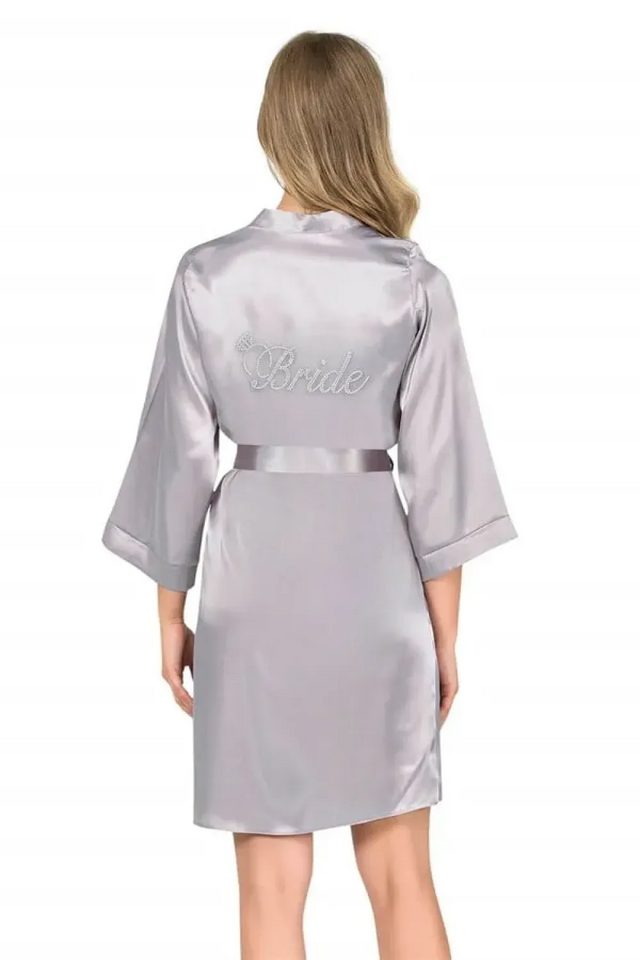 Gri Saten Taş İşlemeli Bride Yazılı Kadın Kısa Sabahlık