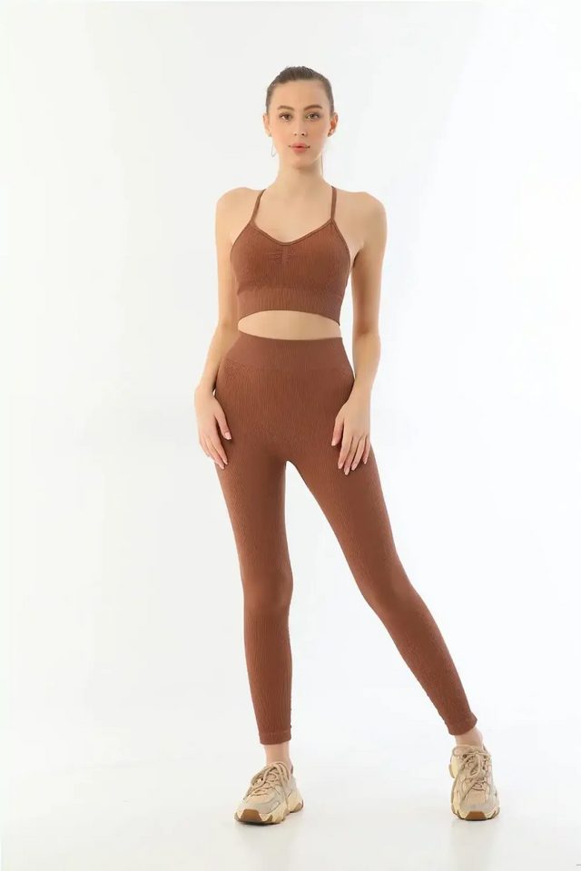 Kahverengi Soft Seamless Ripli Tayt Yoga Takımı