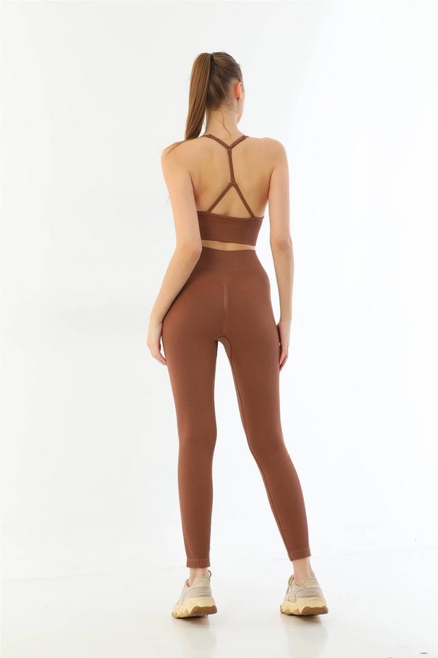 Kahverengi Soft Seamless Ripli Tayt Yoga Takımı