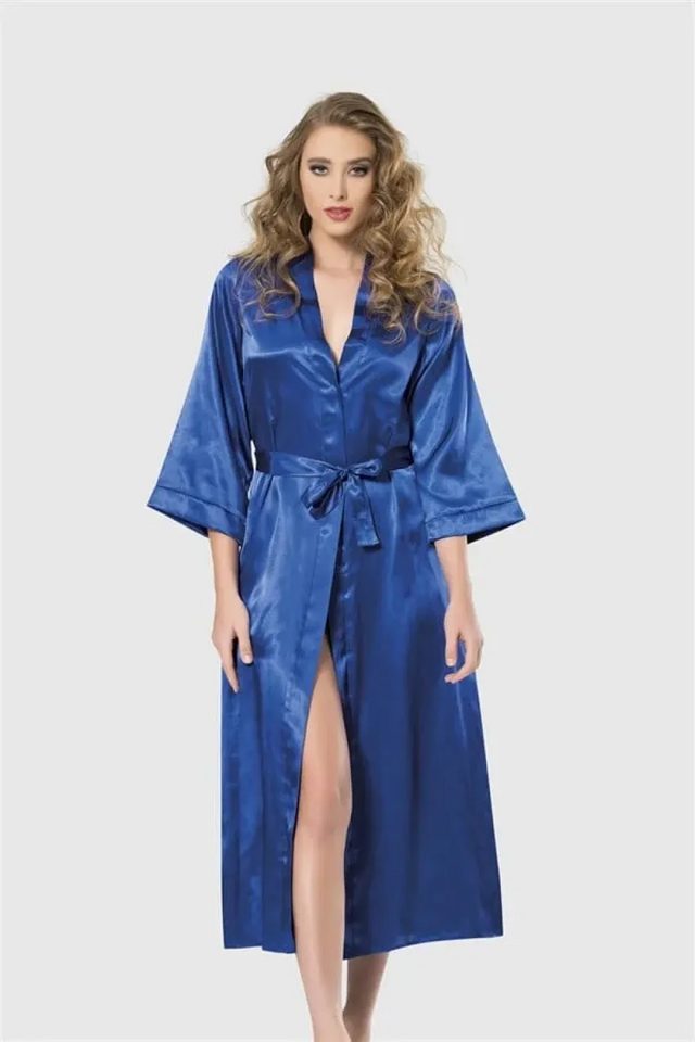 Saks Mavisi Saten Kimono Kollu Kuşaklı Kadın Uzun Sabahlık