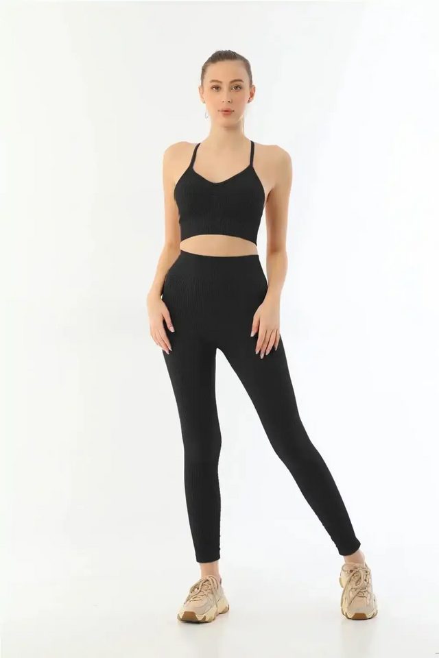 Siyah Soft Seamless Ripli Tayt Yoga Takımı