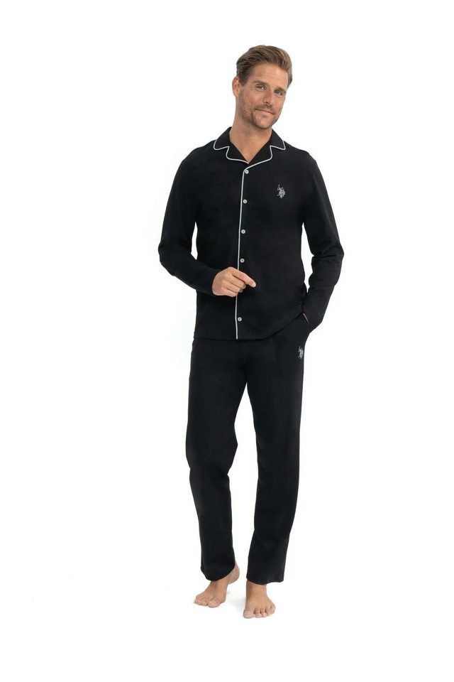 Siyah Pamuklu Düğmeli Gömlek Yaka Kontrast Biyeli Erkek Pijama Takımı U.S. Polo Assn.