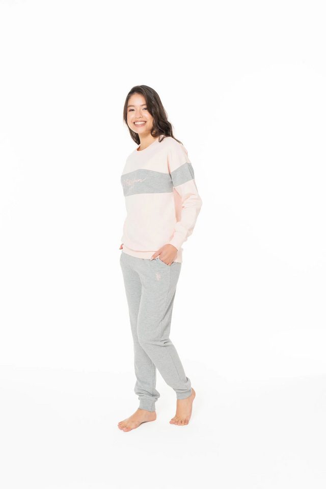 Somon Gri Pamuklu Kadın Bisiklet Yaka Uzun Kollu Renk Bloklu Pijama Takımı U.S. Polo Assn. 