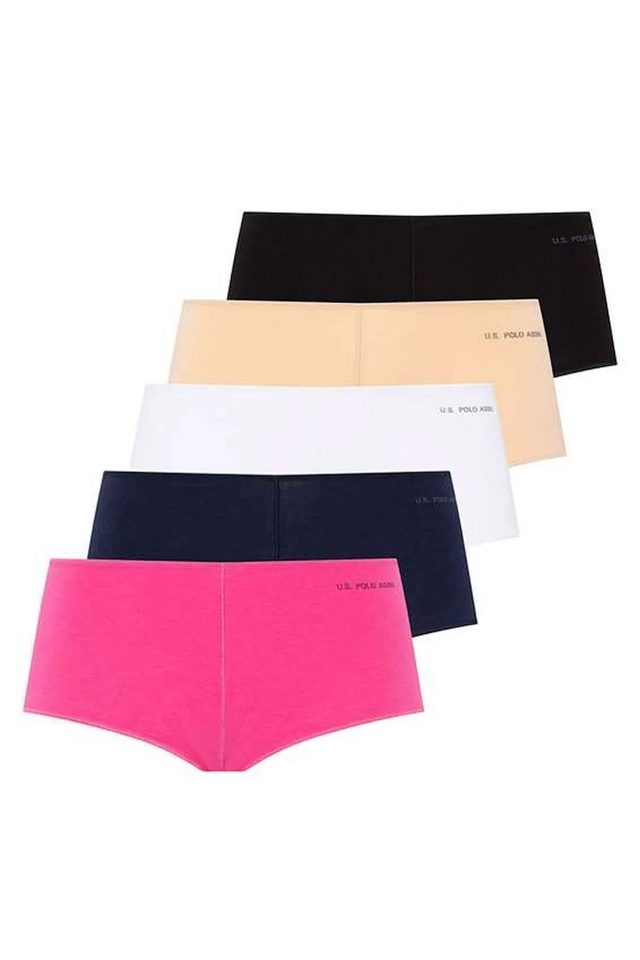 Ten Beyaz Fuşya Siyah Pamuk Karışımlı Likralı Logo Baskılı Kıl Lastik Bel Kadın 5'li Şort Külot U.S. Polo Assn.